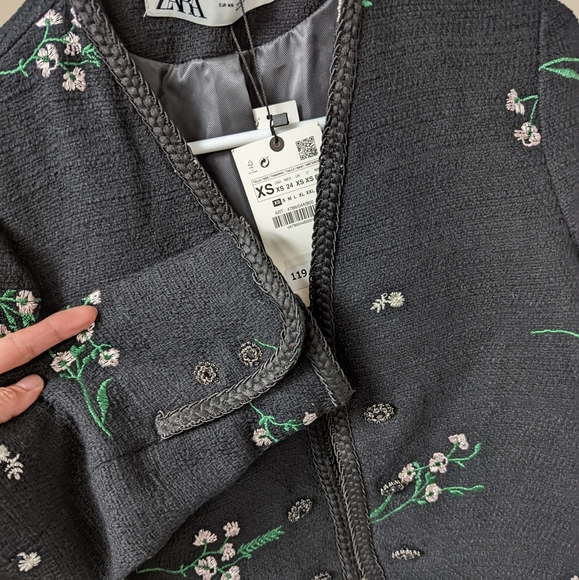 Zara Floral Embroidered Textured collarless blazer jacket Black XS,L - Picture 9 of 9